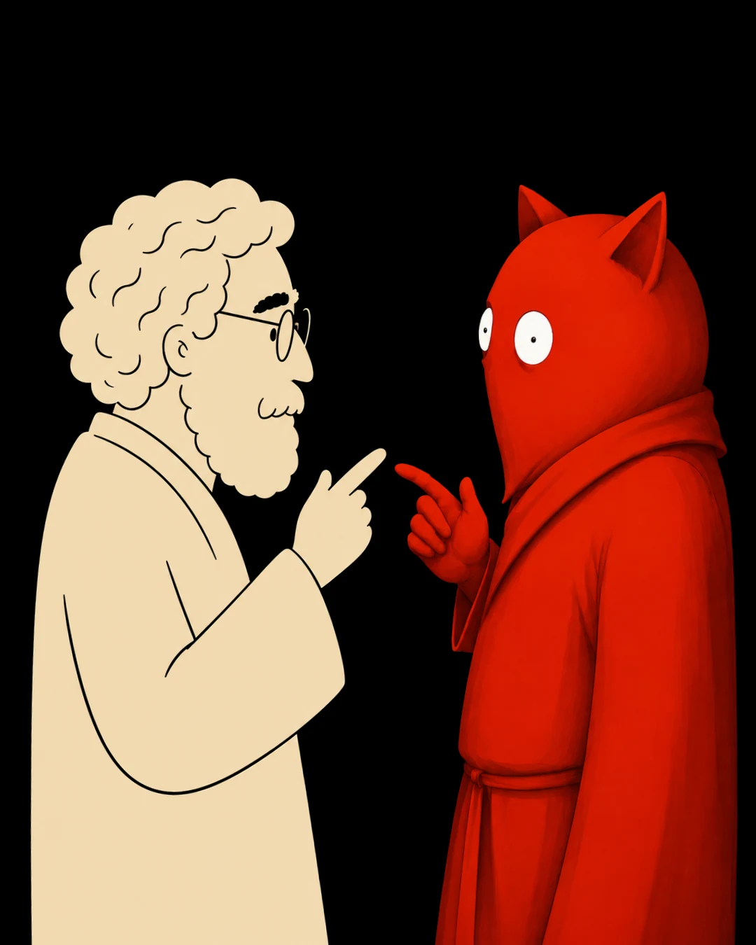 Illustration of a scholar and a red hooded creature pointing at each other